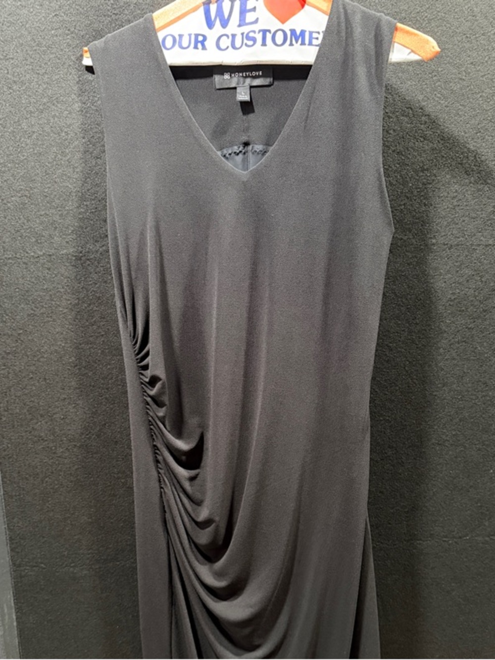 Honeylove Black V‑Neck Sleeveless Ruched Midi Dress